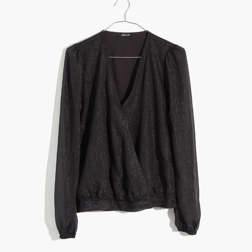 Madewell Shimmer Lyric Wrap Top Black Metallic size Small